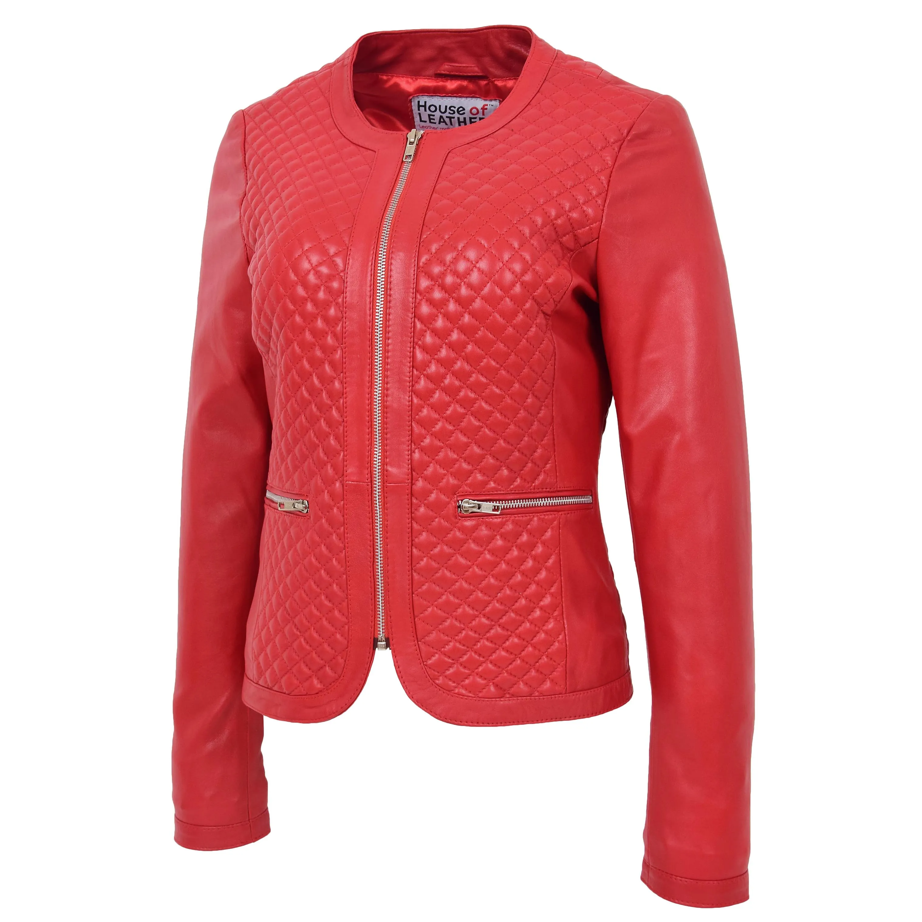 Womens Leather Collarless Jacket with Quilt Design Joan Red