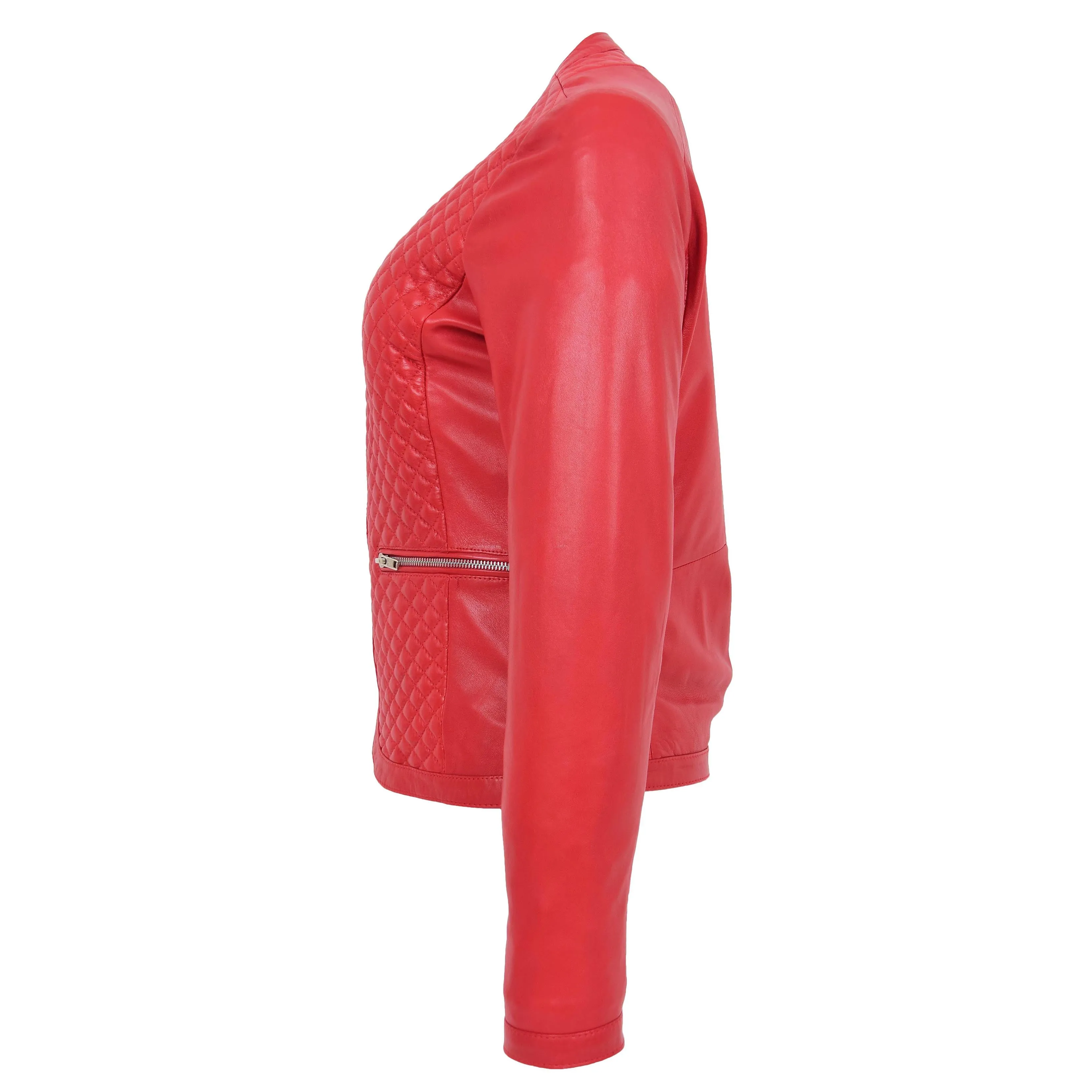 Womens Leather Collarless Jacket with Quilt Design Joan Red