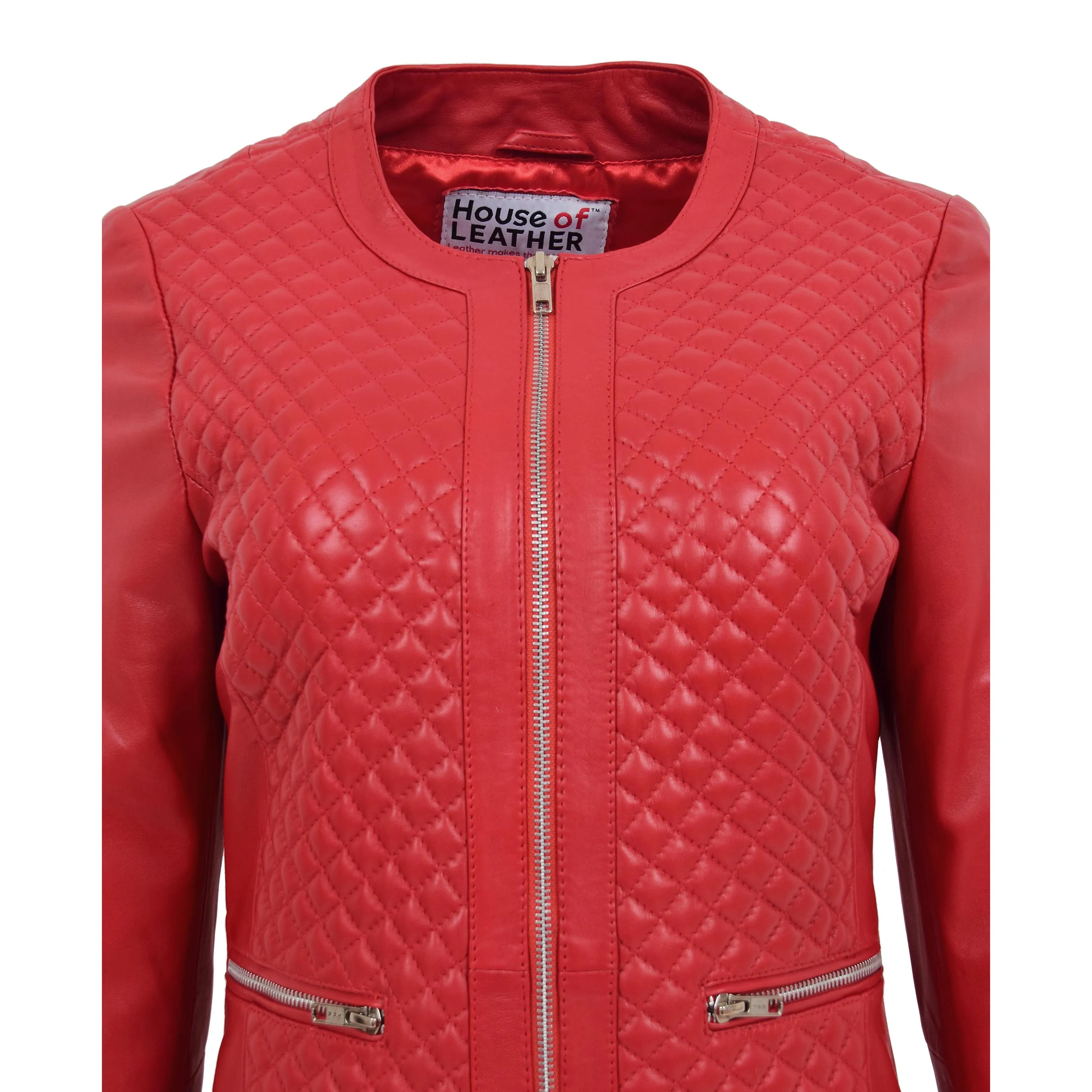 Womens Leather Collarless Jacket with Quilt Design Joan Red