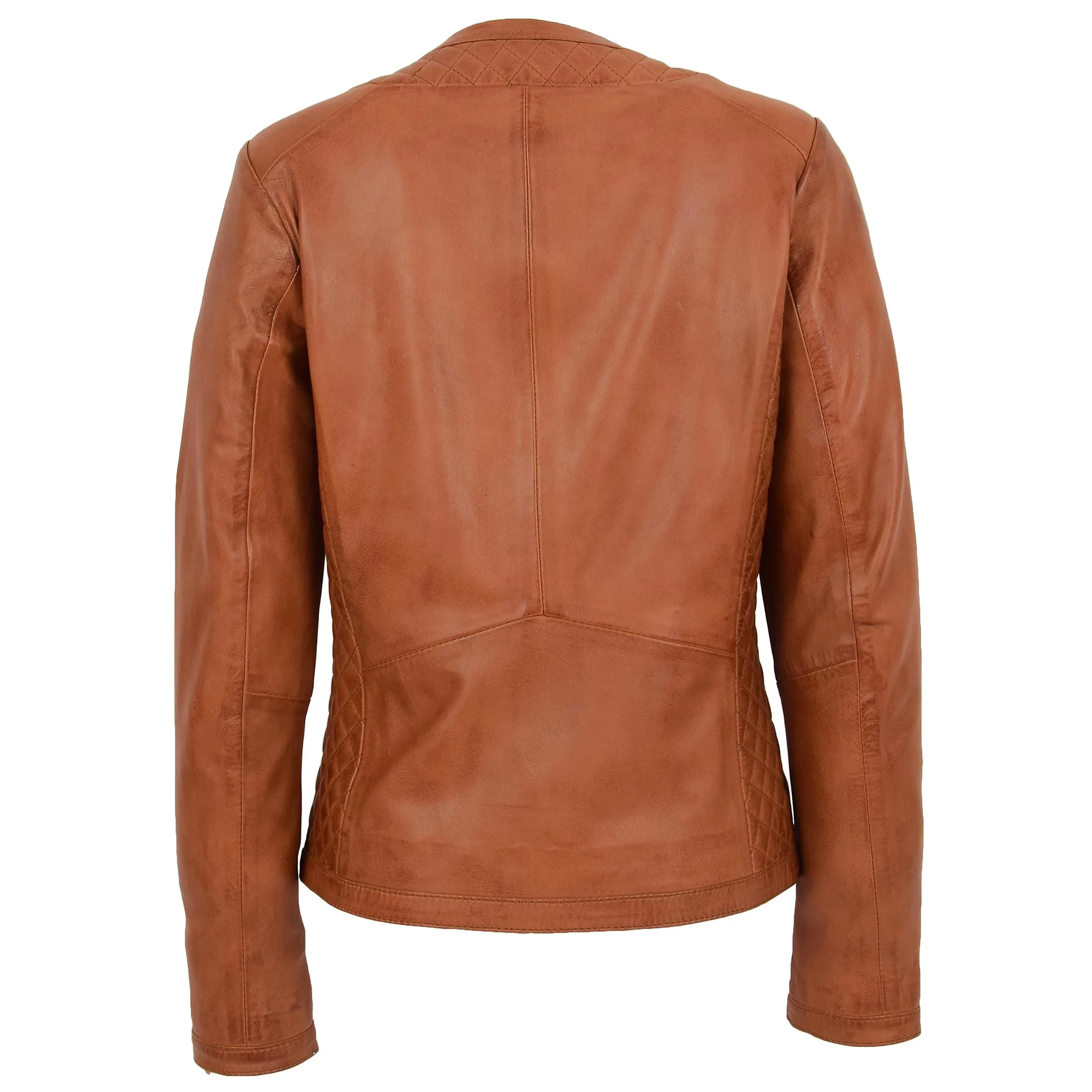 Womens Leather Collarless Jacket with Quilt Design Joan Tan