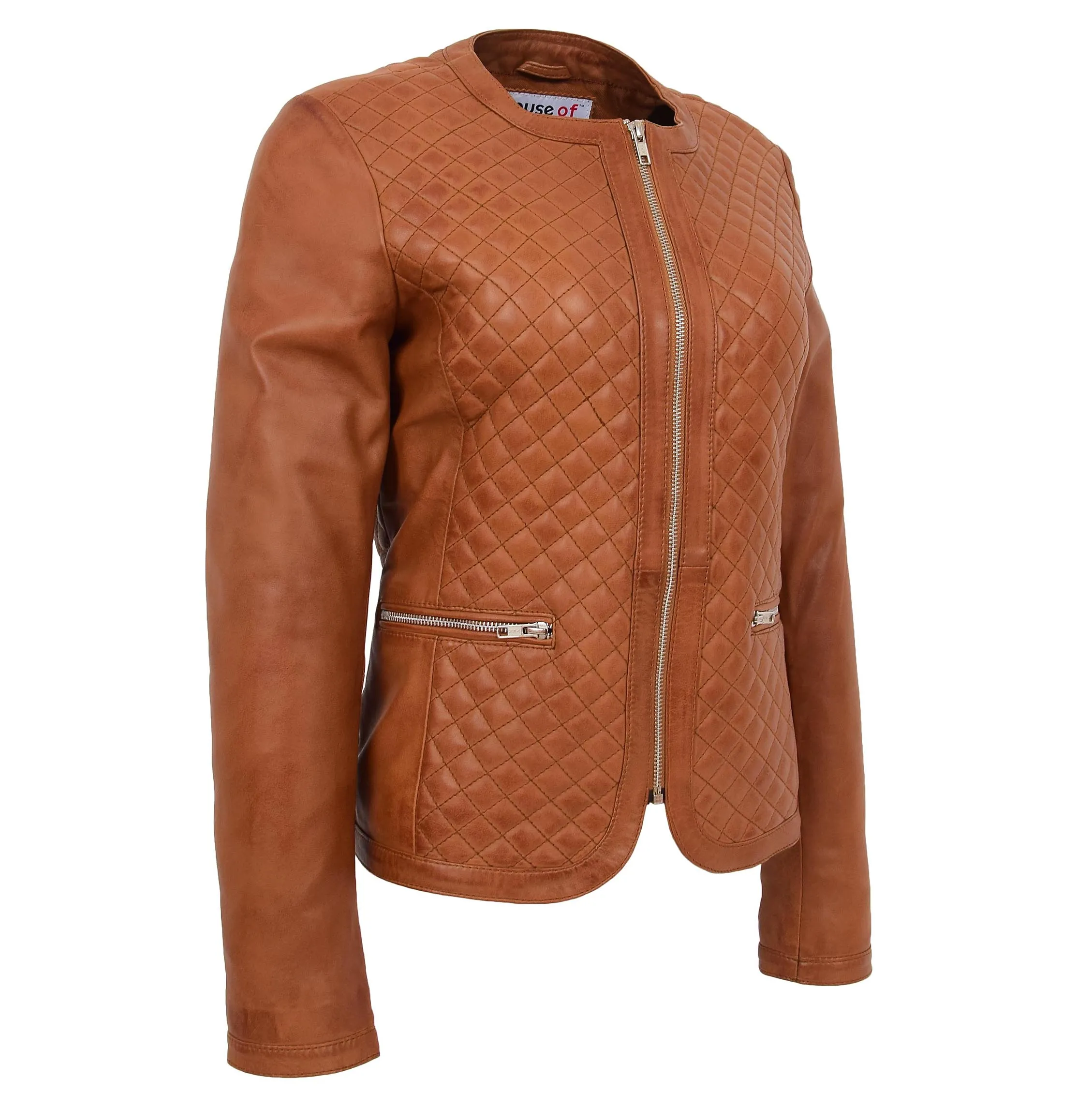 Womens Leather Collarless Jacket with Quilt Design Joan Tan