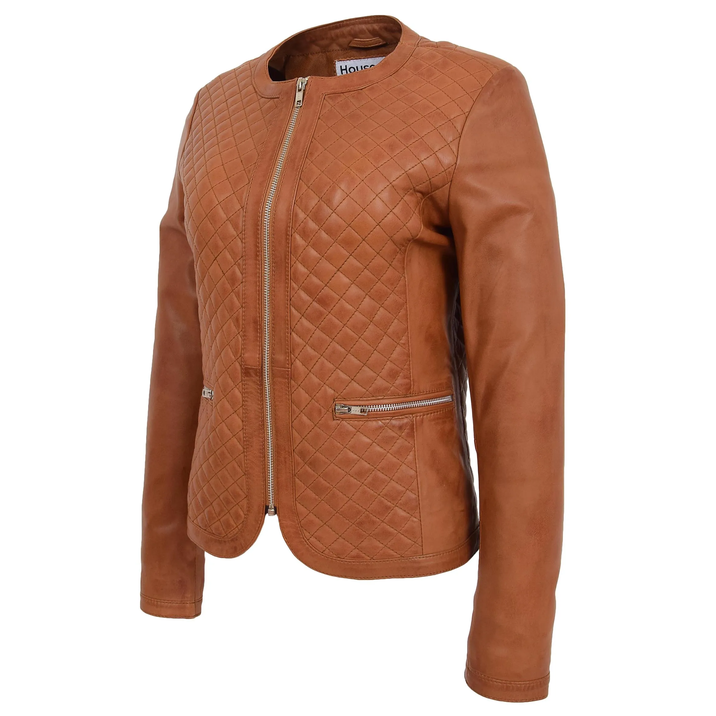 Womens Leather Collarless Jacket with Quilt Design Joan Tan