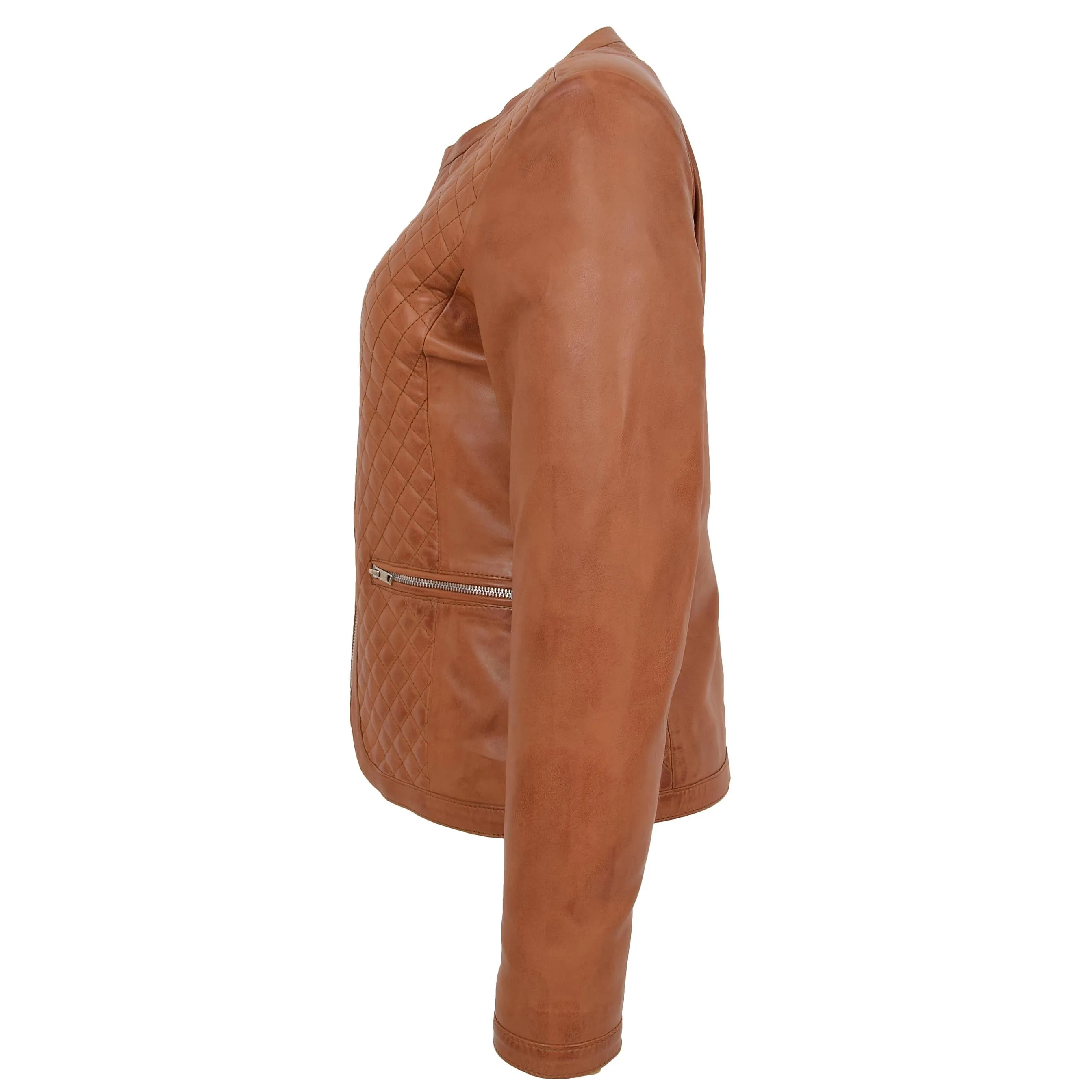 Womens Leather Collarless Jacket with Quilt Design Joan Tan