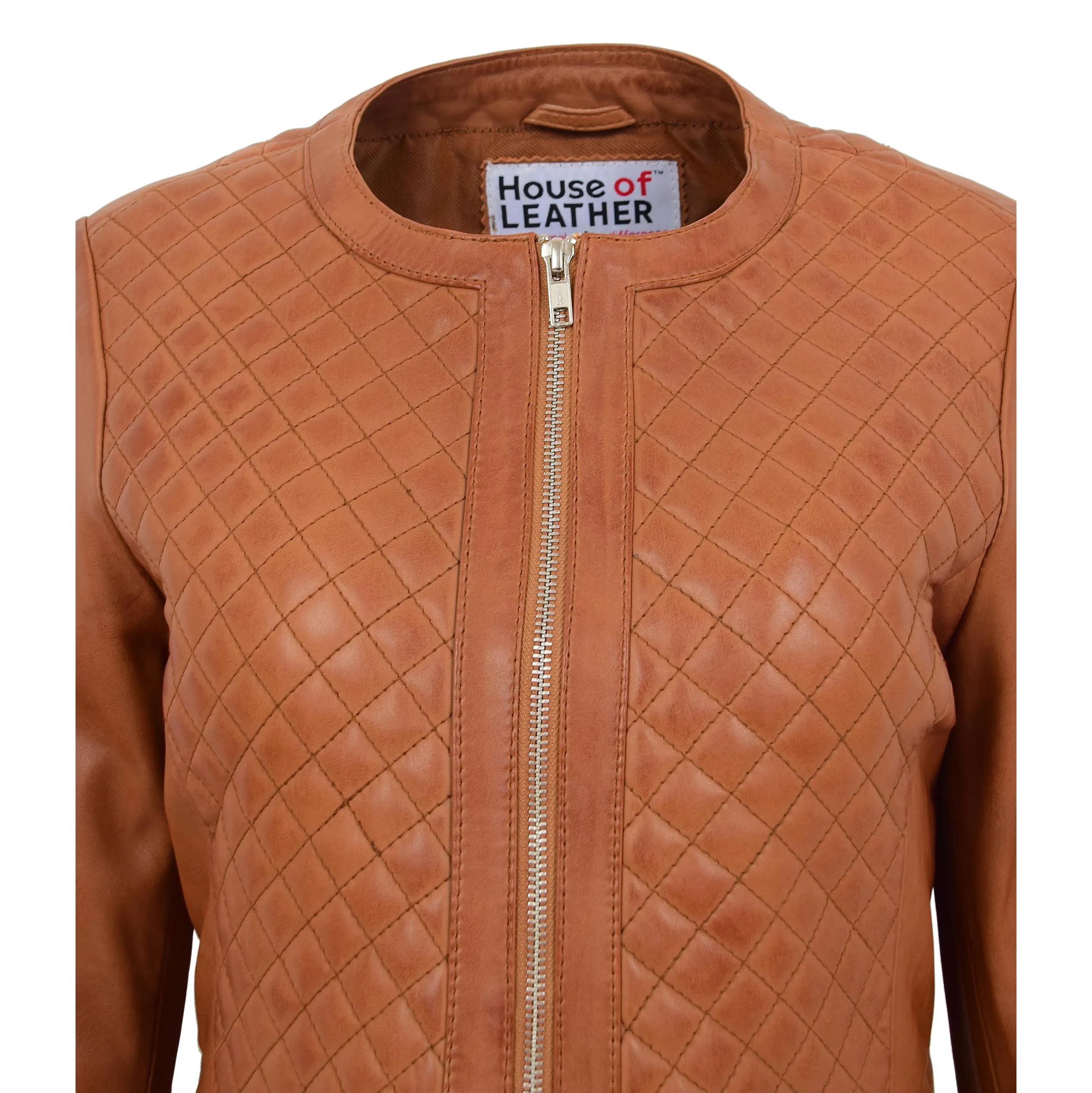 Womens Leather Collarless Jacket with Quilt Design Joan Tan