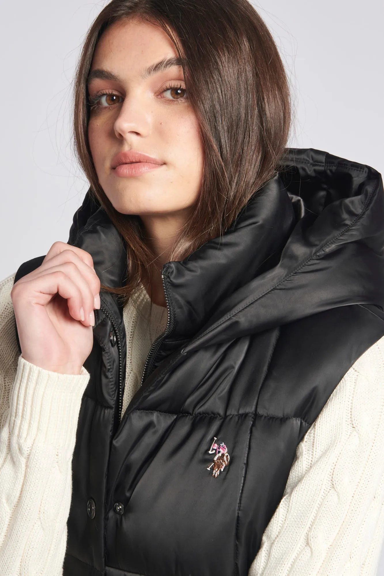 Womens Square Quilt Hooded Gilet in Black