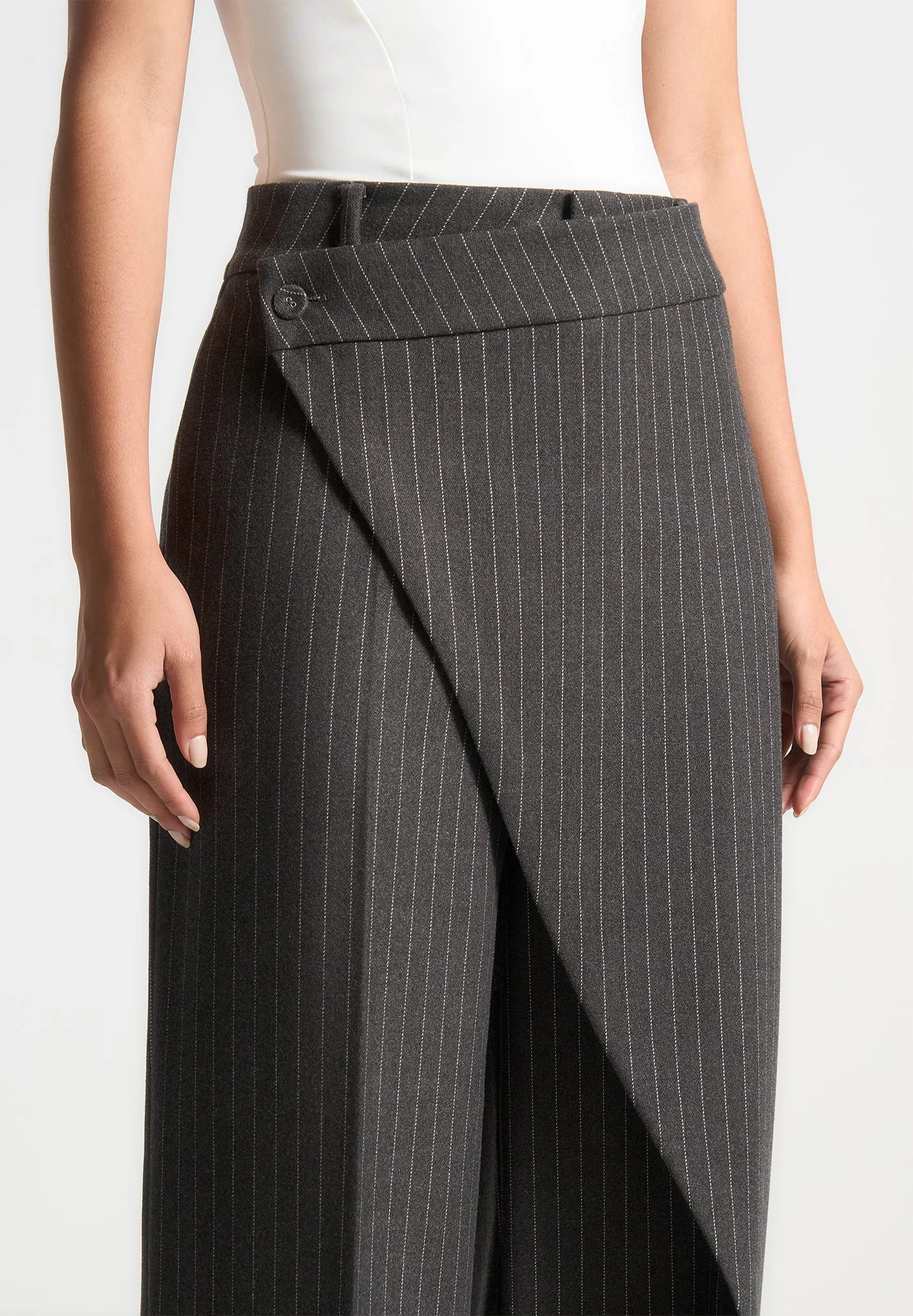 Wool Pinstripe Wrap Tailored Trousers - Grey