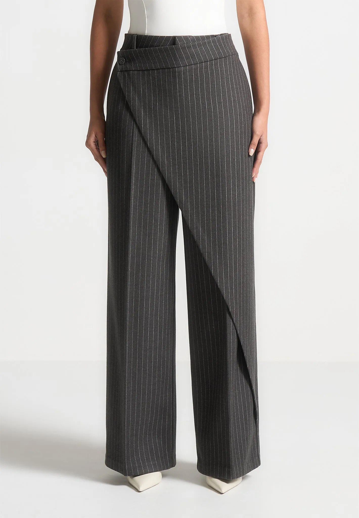 Wool Pinstripe Wrap Tailored Trousers - Grey