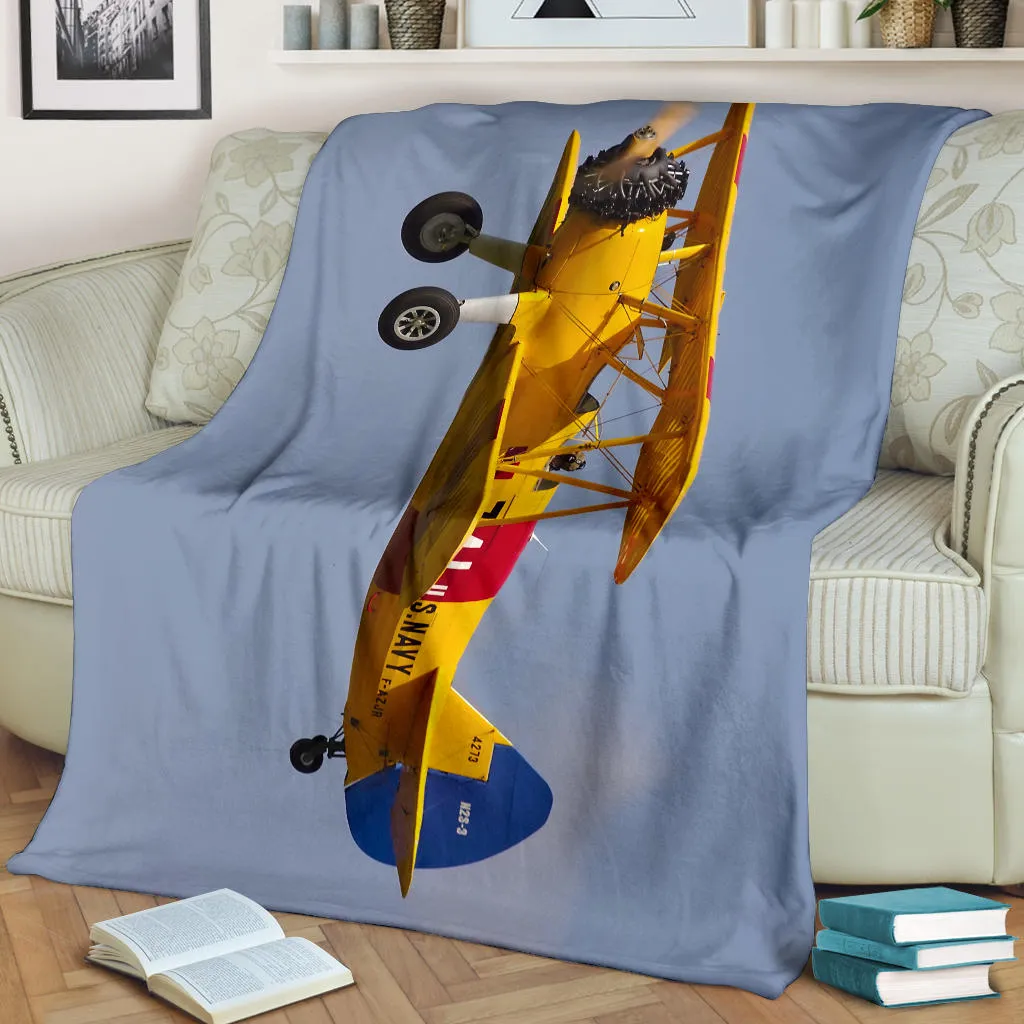 Yellow Biplane Airplane Premium Blanket